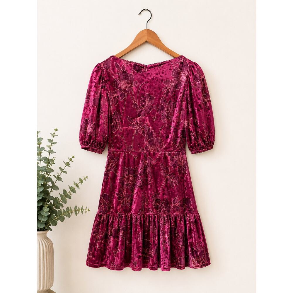 Rachel Parcell Anthropologie Red Velvet Floral Dress Size 12 Coquette Cottagcore - Picture 2 of 3